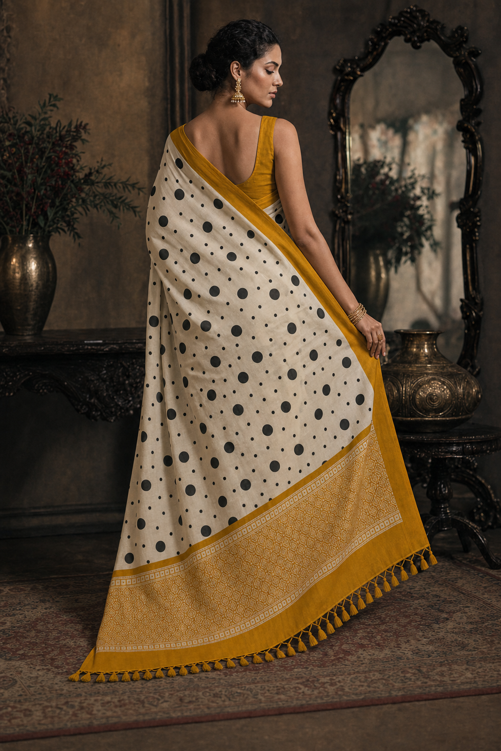 Beige Muga Silk Satin Border - Back View