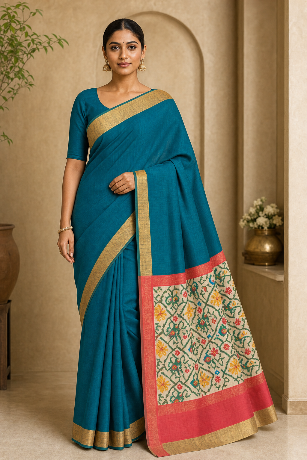 Peacock Blue Pochampally Ikat Silk Saree - Front View