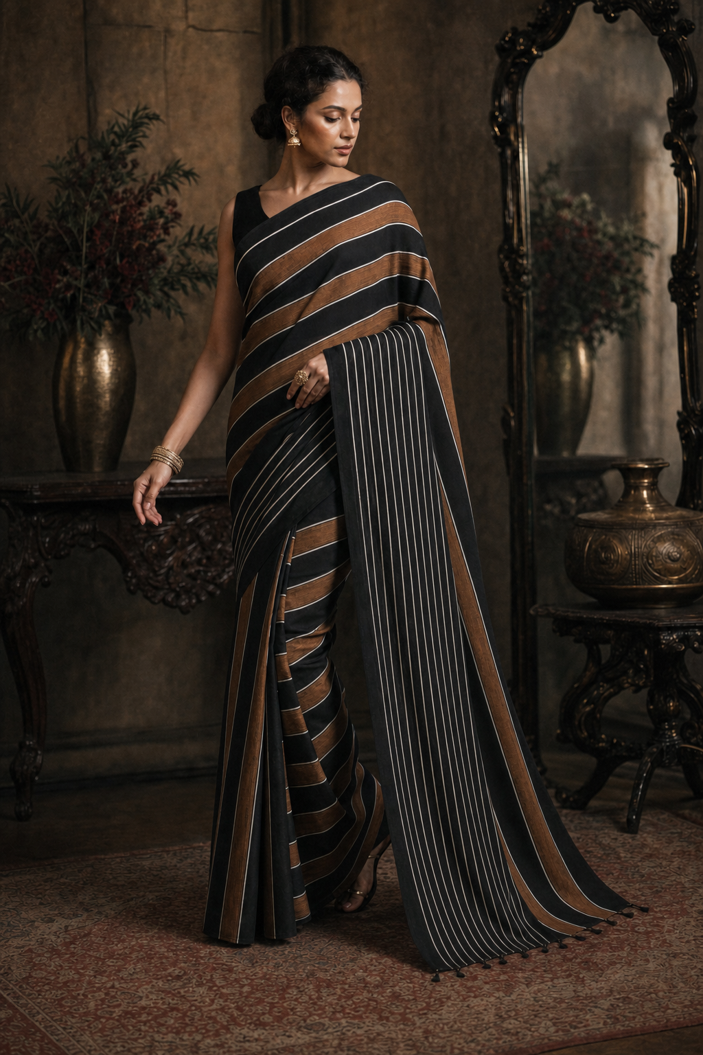 Classic Black Striped Linen Saree - Walk View