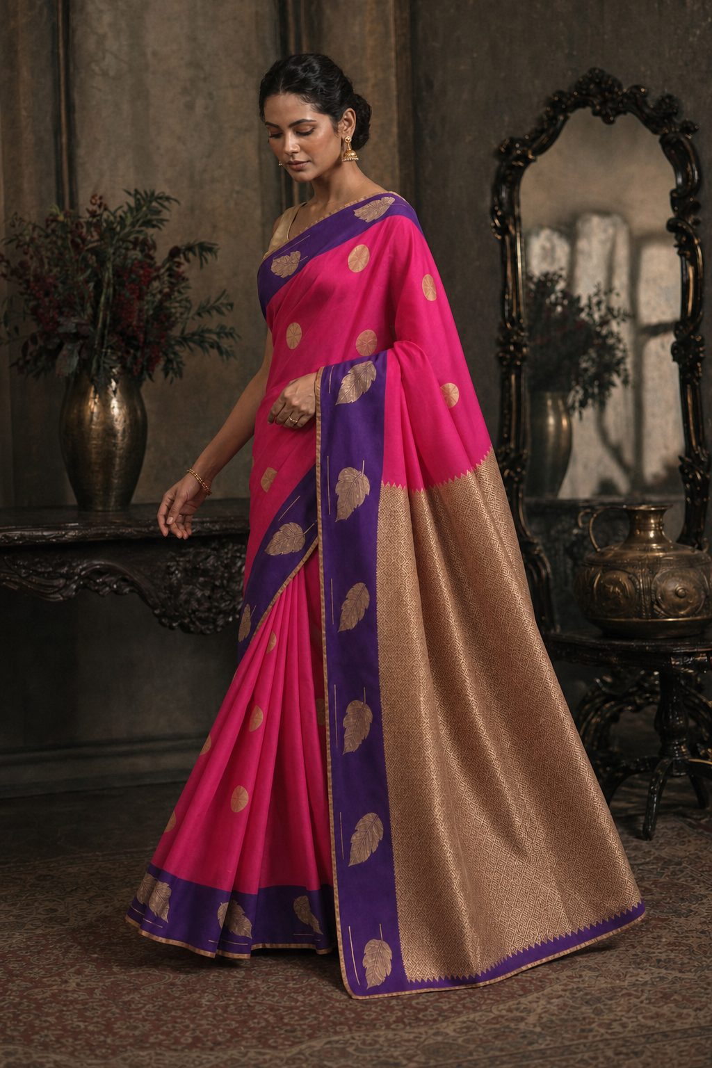 PINK PURPLE WITH DESIGNER POLKA DOT MUGA SILK SAREE - Walk View