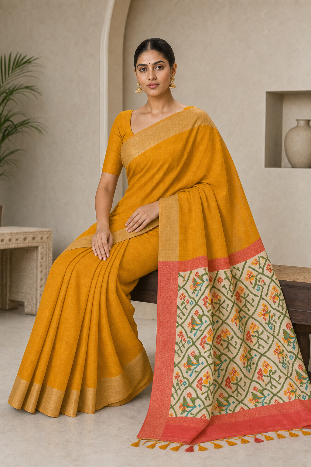 Mustard Pochampally Ikat Silk Saree - Back View