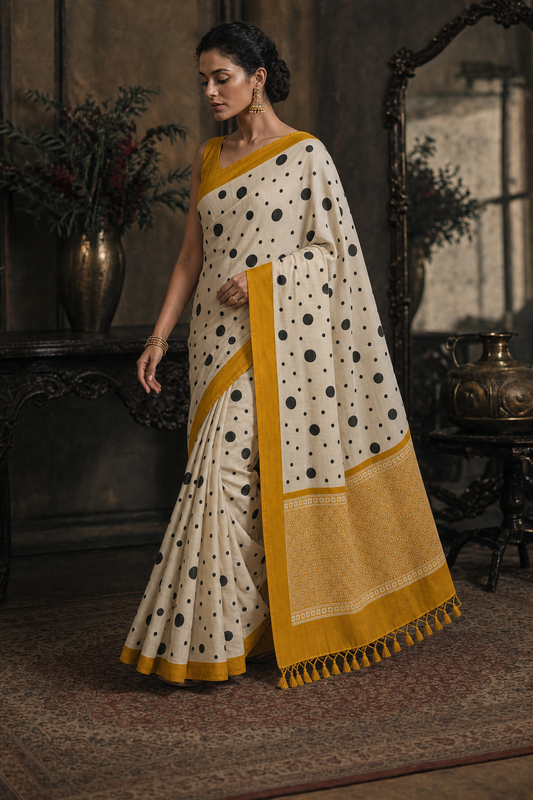 Beige Muga Silk Satin Border - Walk View