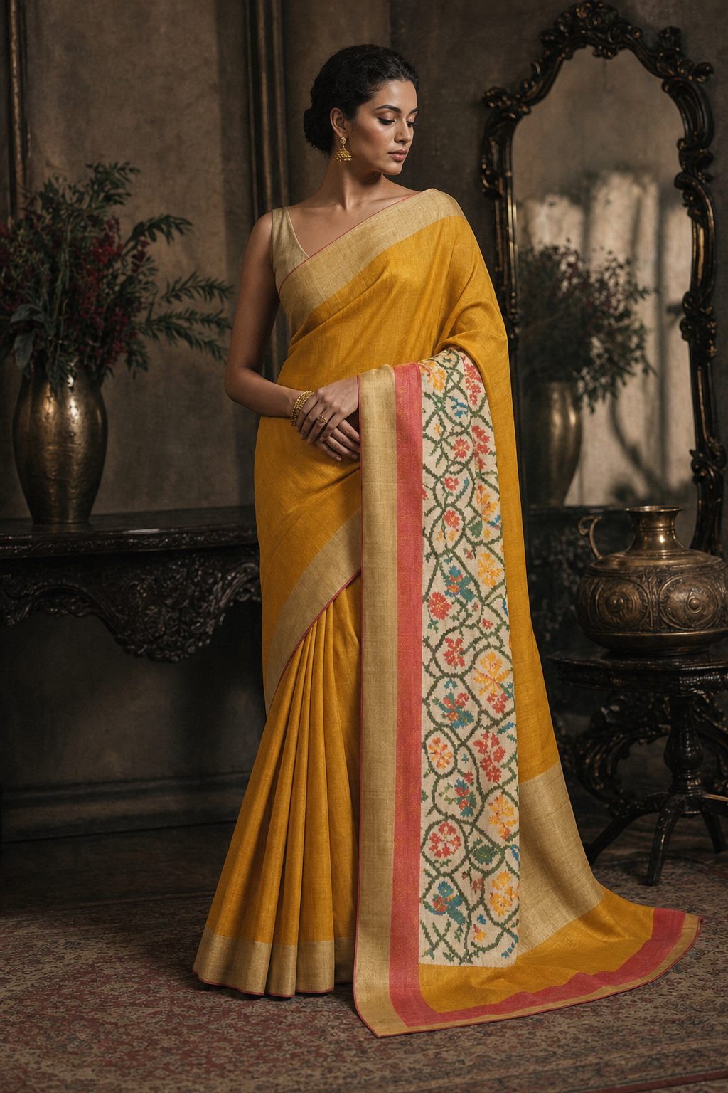 Mustard Pochampally Ikat Silk Saree - Front View