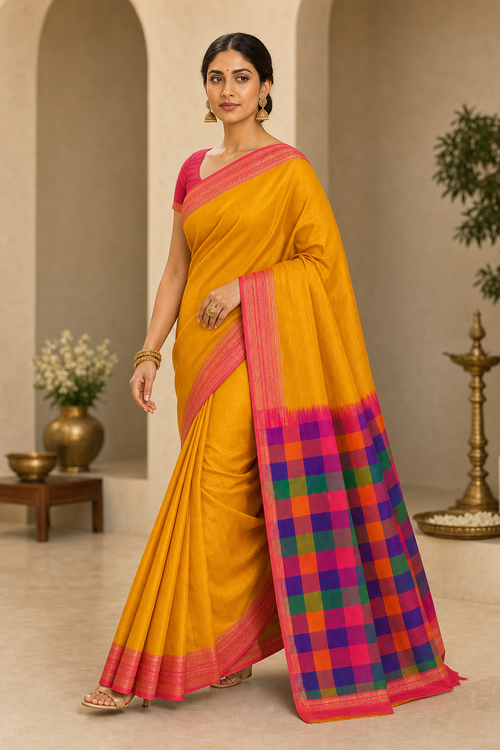 Mustard Checks Pallu Silk Saree - Walk View