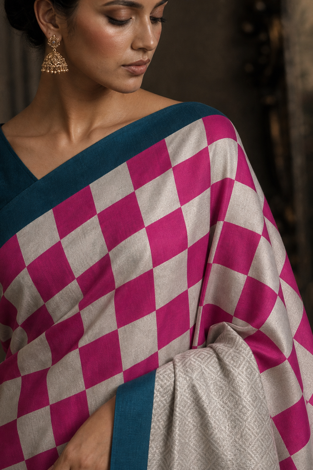 RANI AND ANTIQUE SILVER ZARI CHEX MUGA SILK SAREE - Closeup View