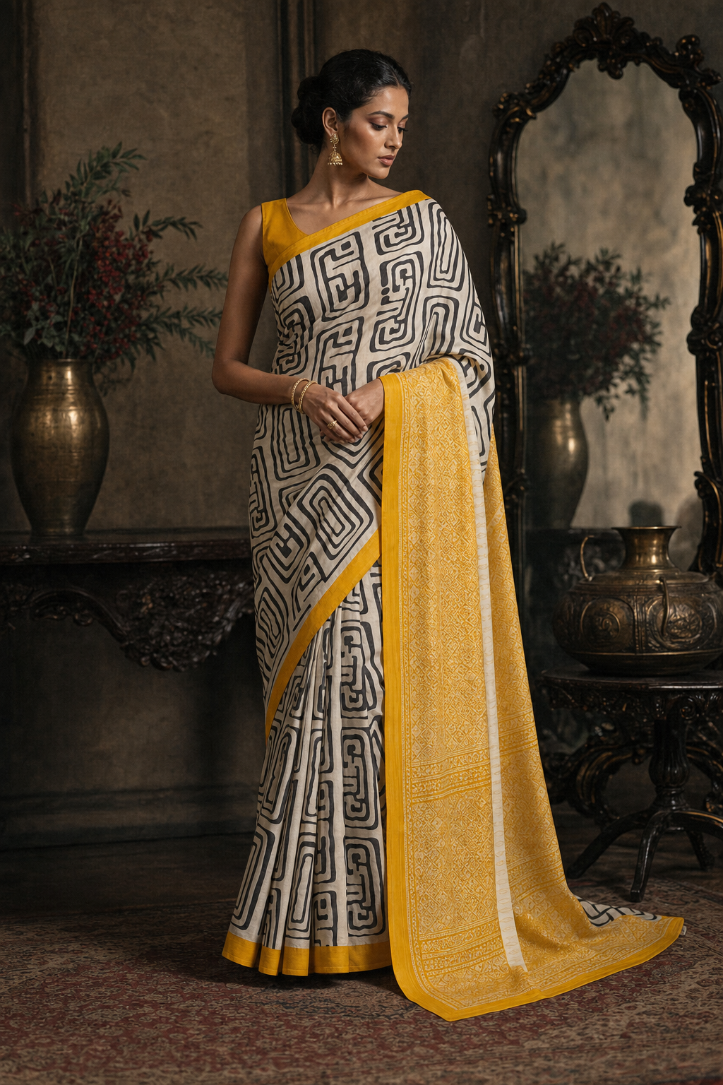 Geometric Ivory Muga Silk - Front View