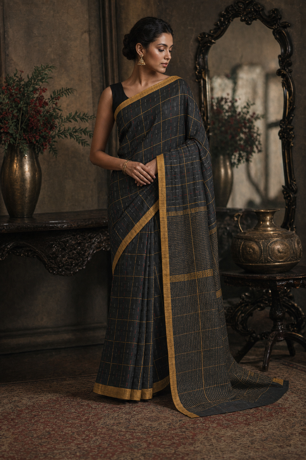 Classic Black South Silk Saree - Front View
