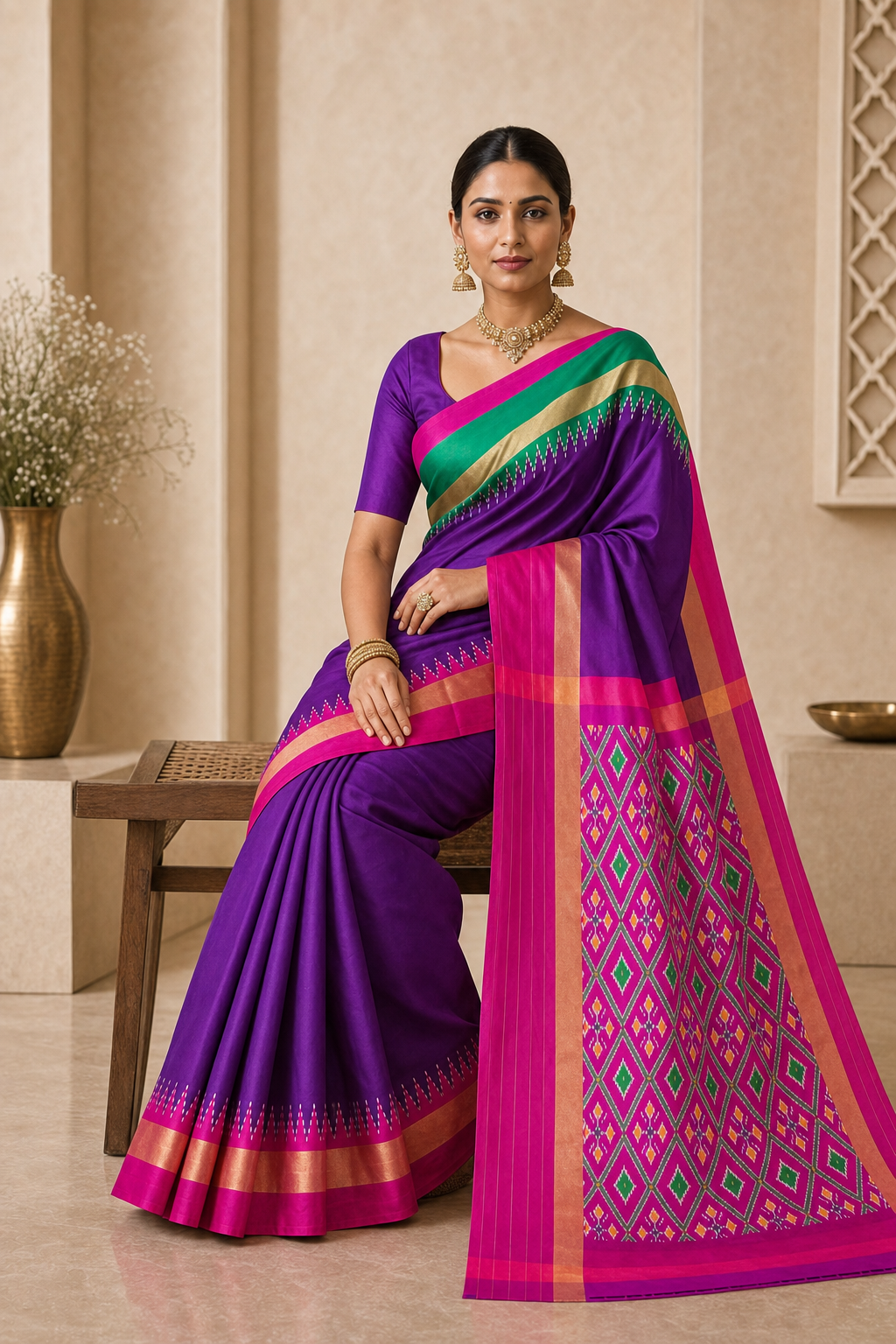 Emerald Violet Ikat Patola Saree - Back View