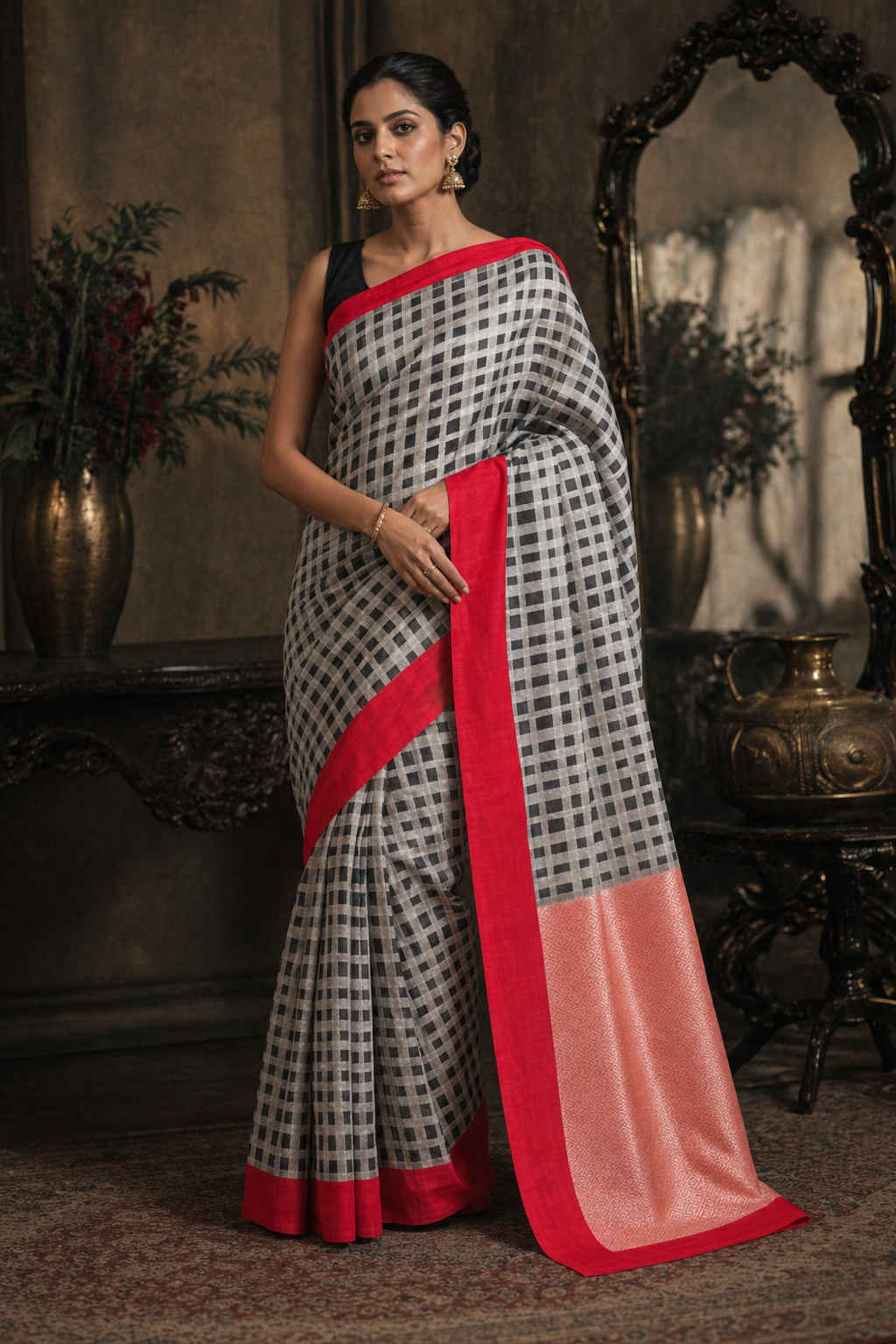 Black and Gold chex Muga Silk - Front View