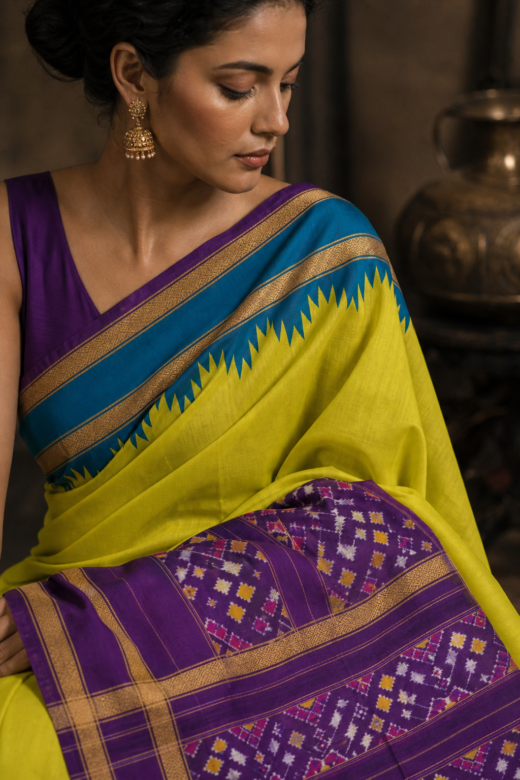 Lime Purple Ikat Patola Saree - Closeup View