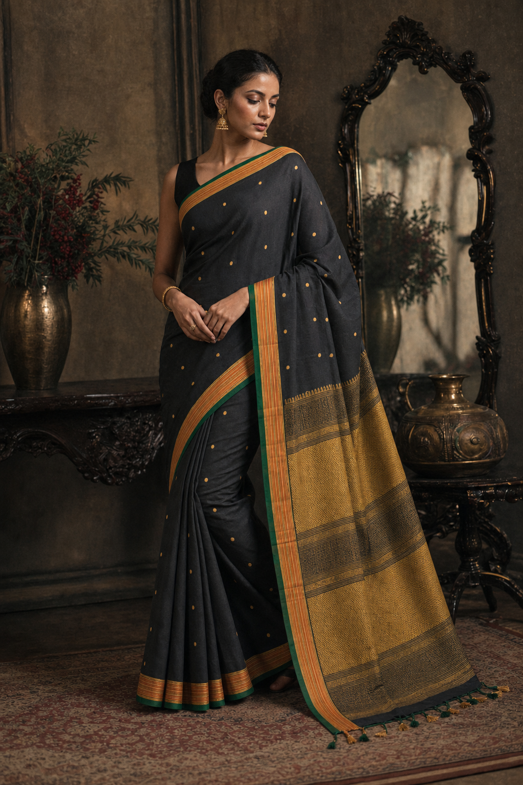 Elegant Black Butti South Silk Saree - Front View