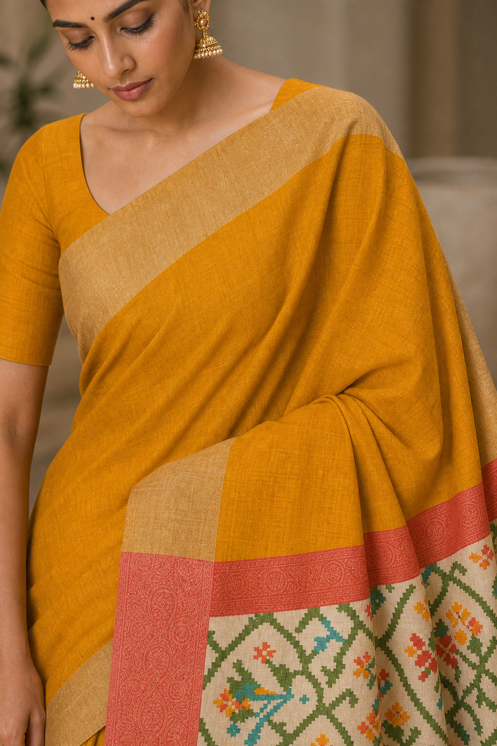 Mustard Pochampally Ikat Silk Saree - Closeup View