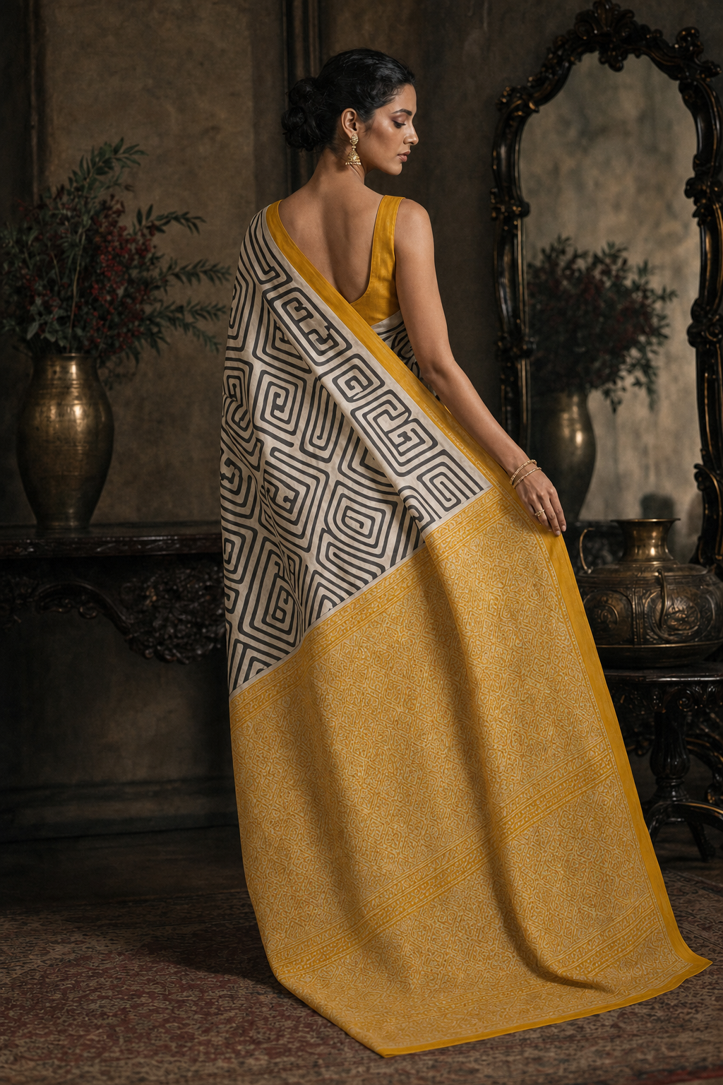 Geometric Ivory Muga Silk - Back View