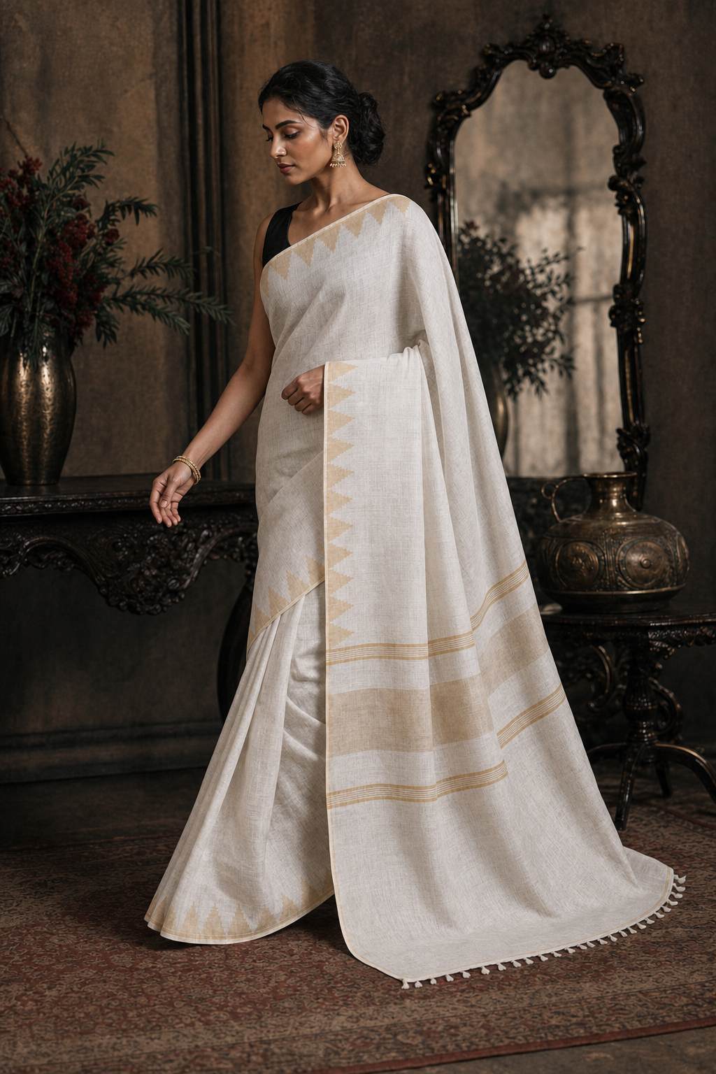 Elegant Off White Linen Saree with Gold Borders - Walk View