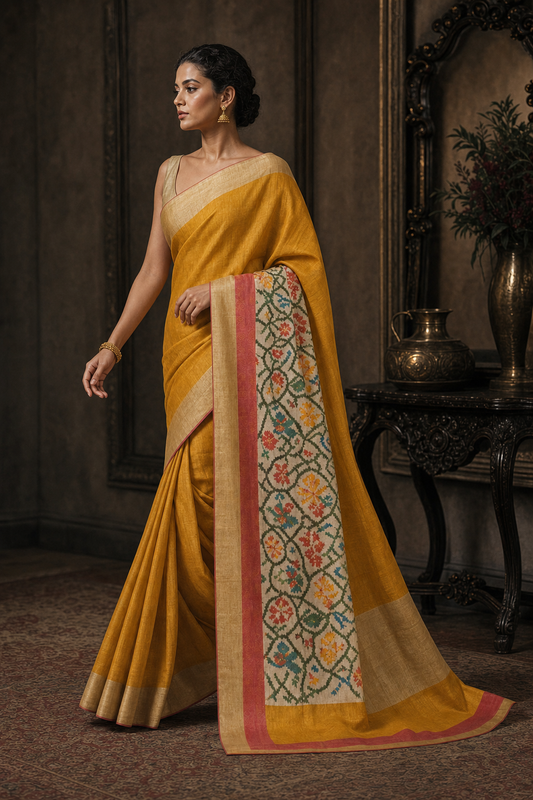 Mustard Pochampally Ikat Silk Saree - Walk View