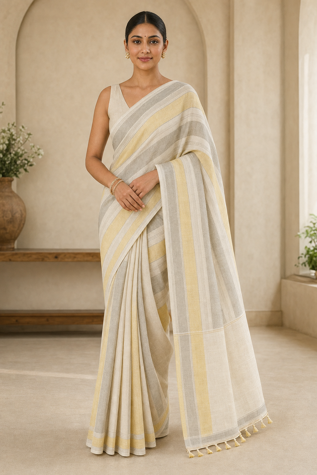 Pastel Yellow Striped Linen Saree - Front View