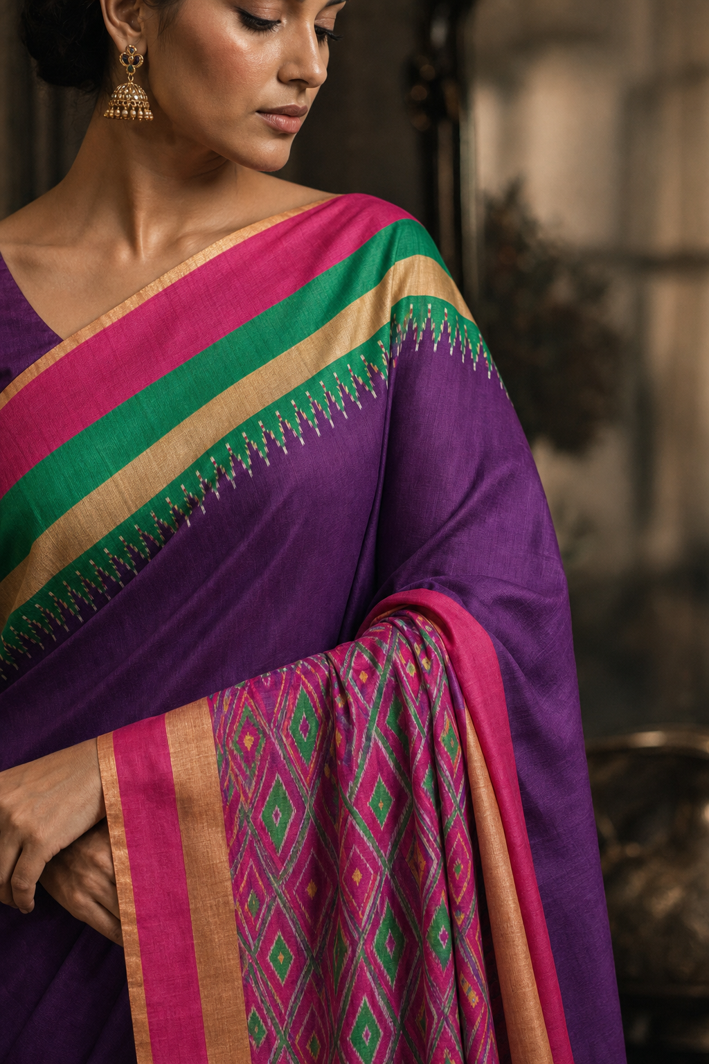 Emerald Violet Ikat Patola Saree - Closeup View