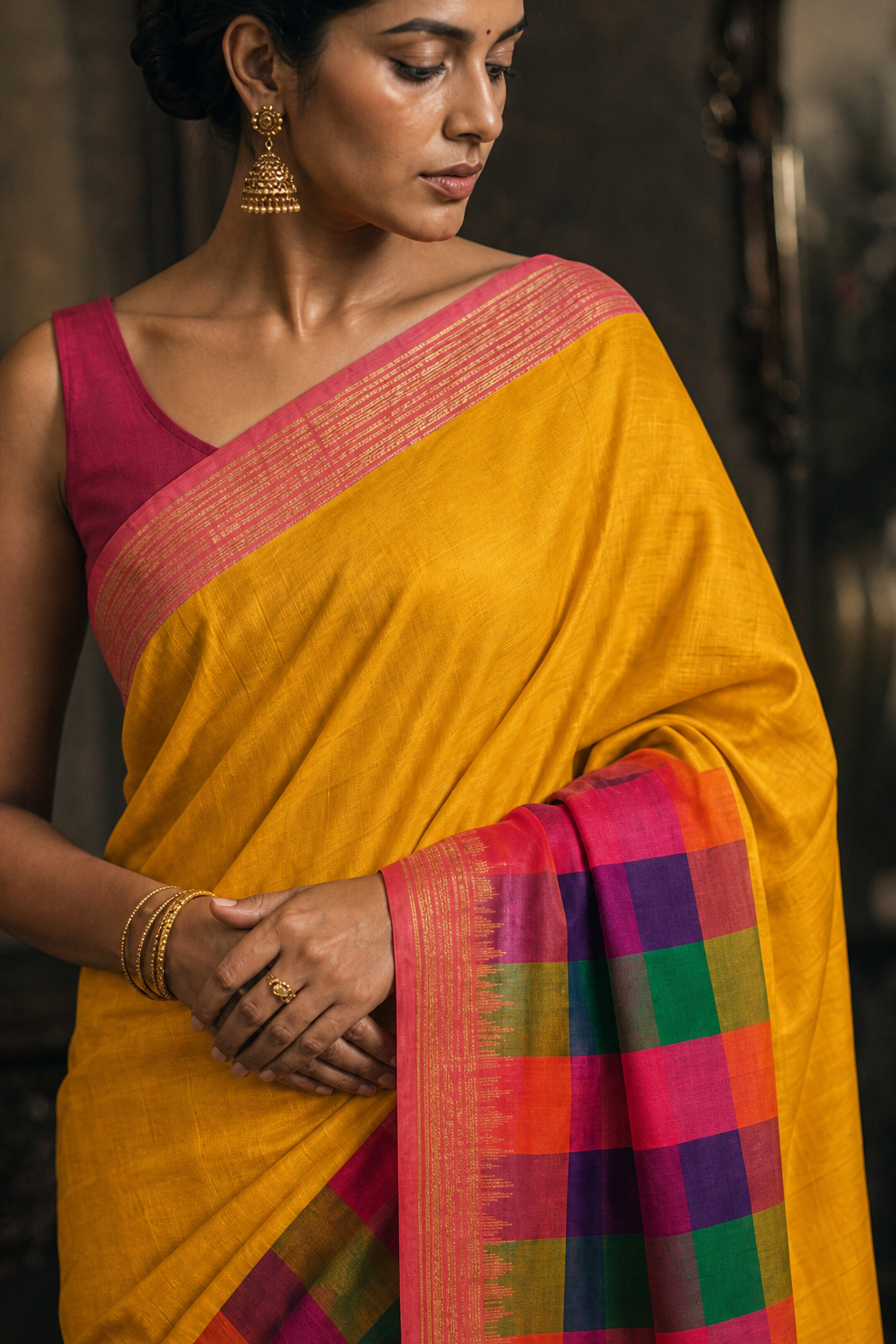 Mustard Checks Pallu Silk Saree - Closeup View