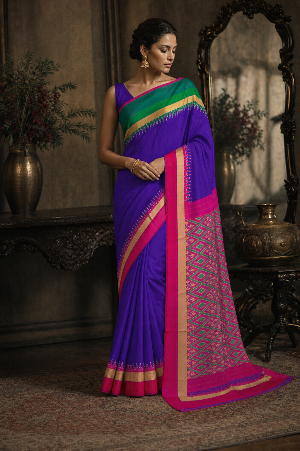Royal Violet Pink Ikat Patola Saree - Front View