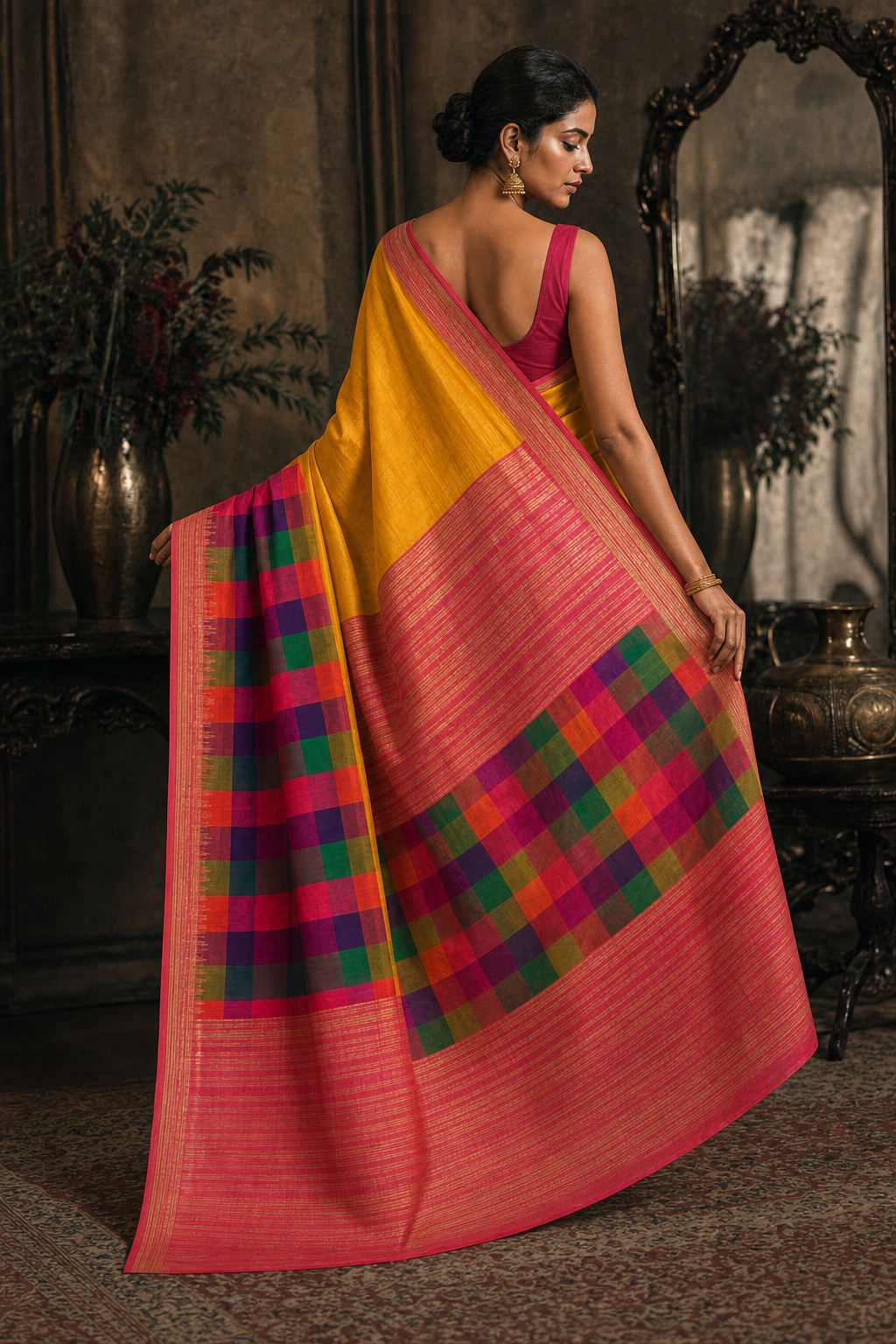 Mustard Checks Pallu Silk Saree - Back View