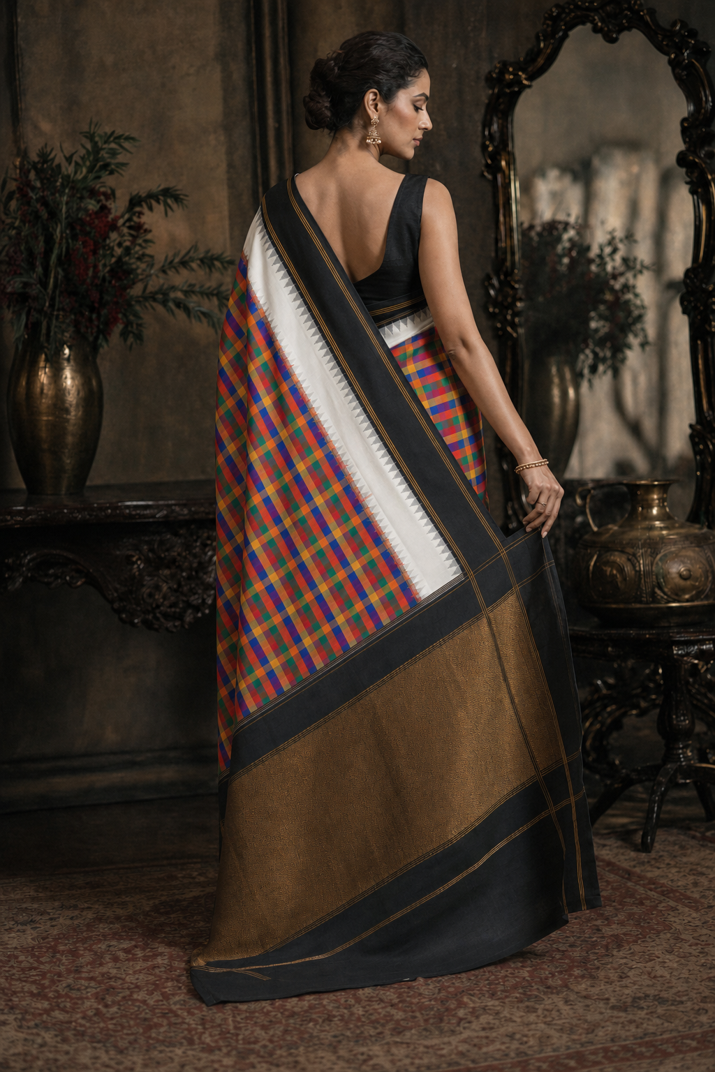 Classic Black Border Multicolor Checks South Silk Saree - Back View