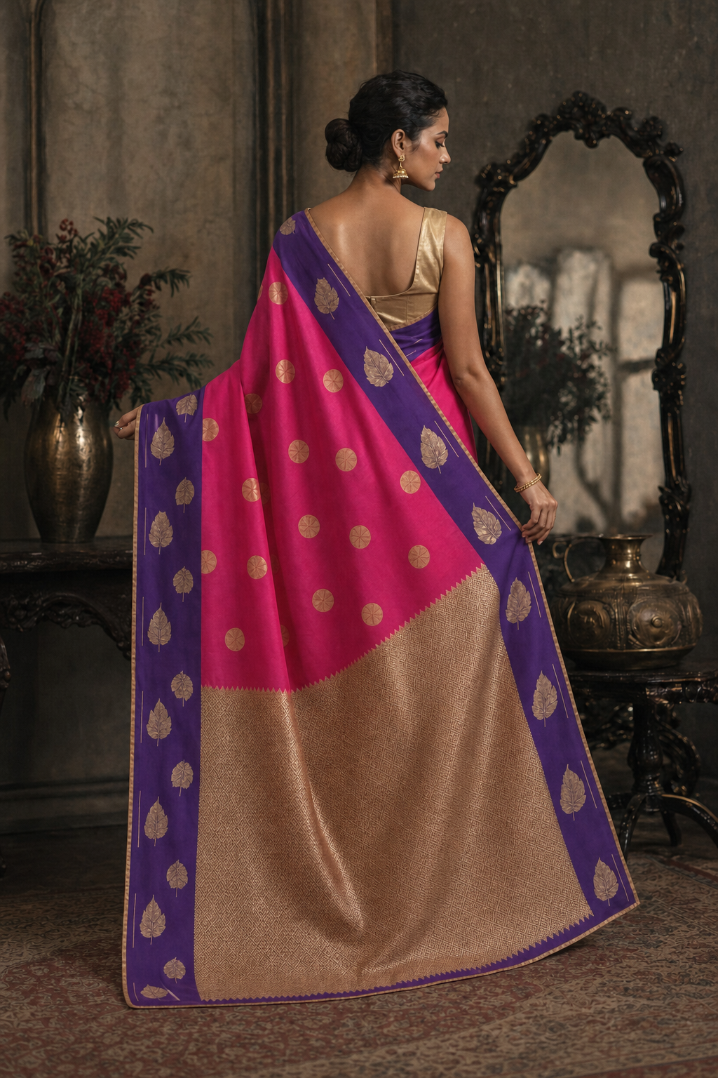 PINK PURPLE WITH DESIGNER POLKA DOT MUGA SILK SAREE - Back View