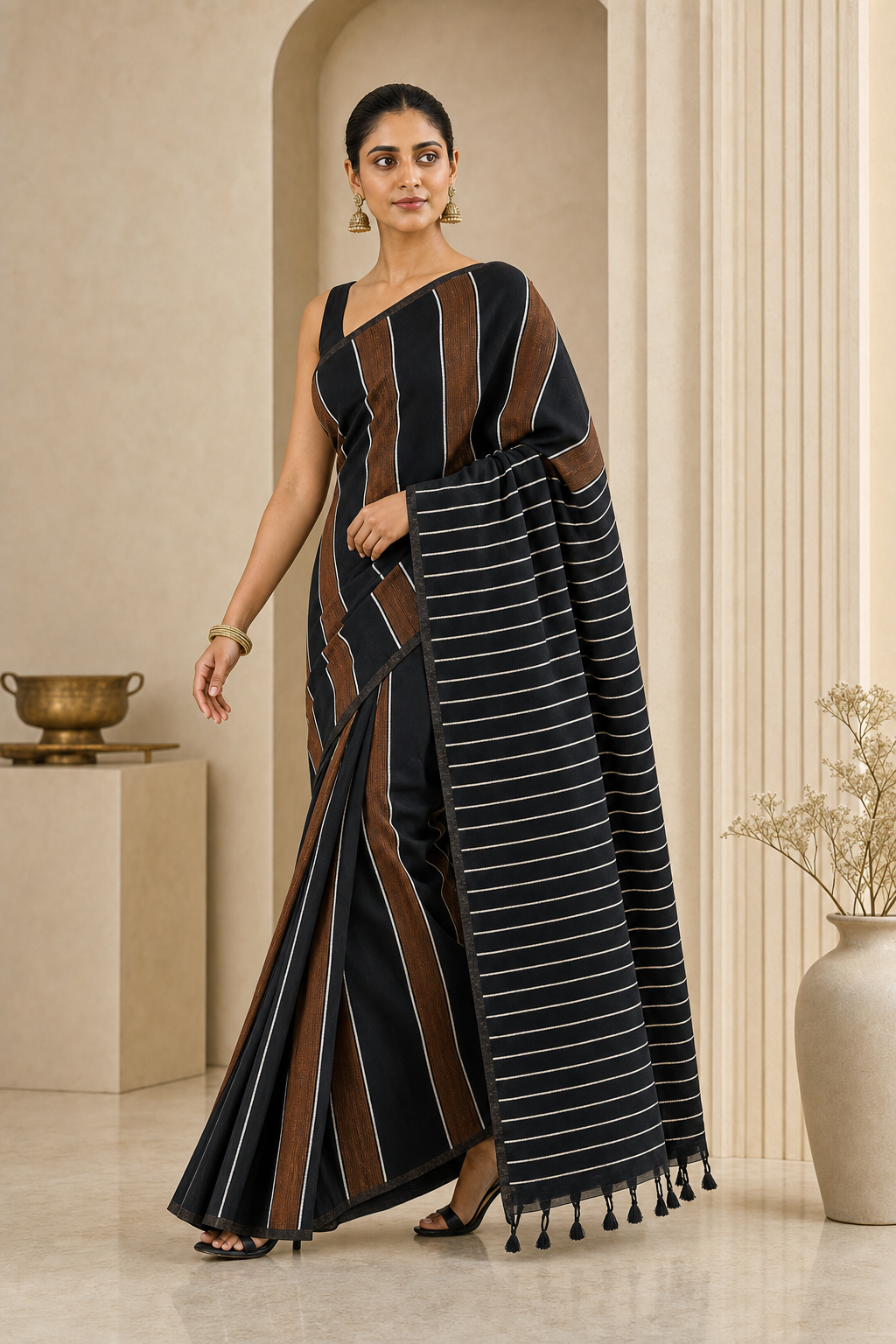Classic Black Striped Linen Saree - Walk View