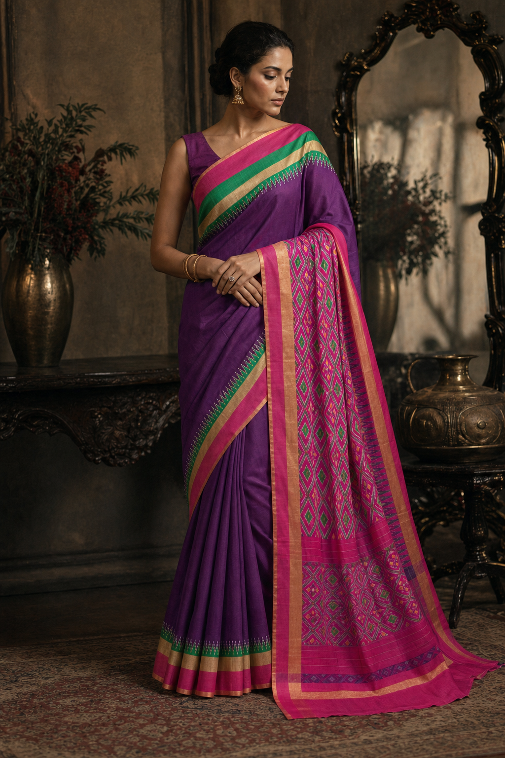 Emerald Violet Ikat Patola Saree - Front View
