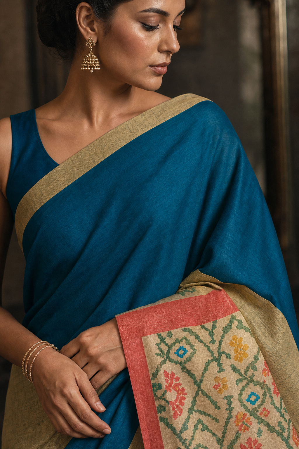 Peacock Blue Pochampally Ikat Silk Saree - Closeup View