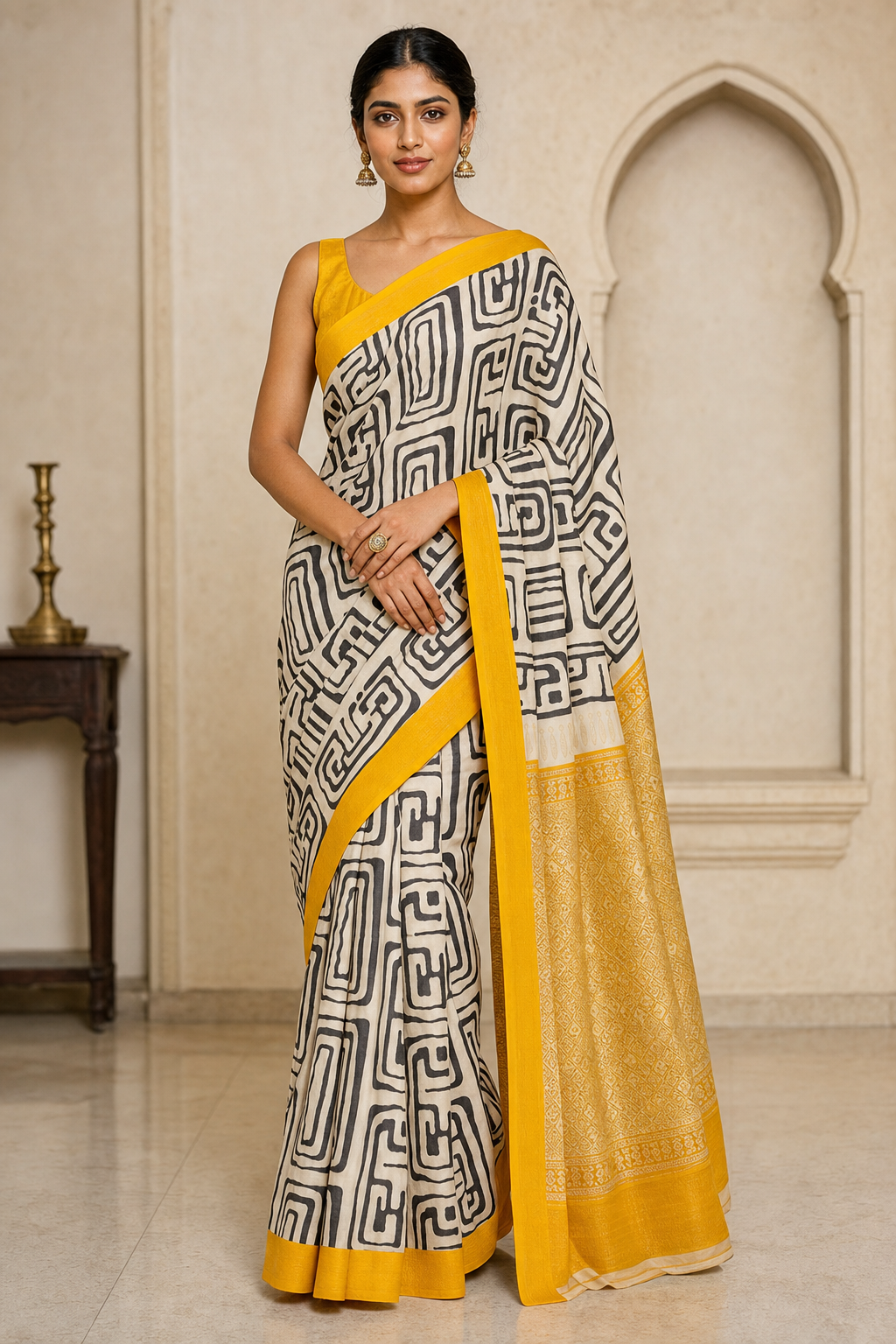 Geometric Ivory Muga Silk - Front View