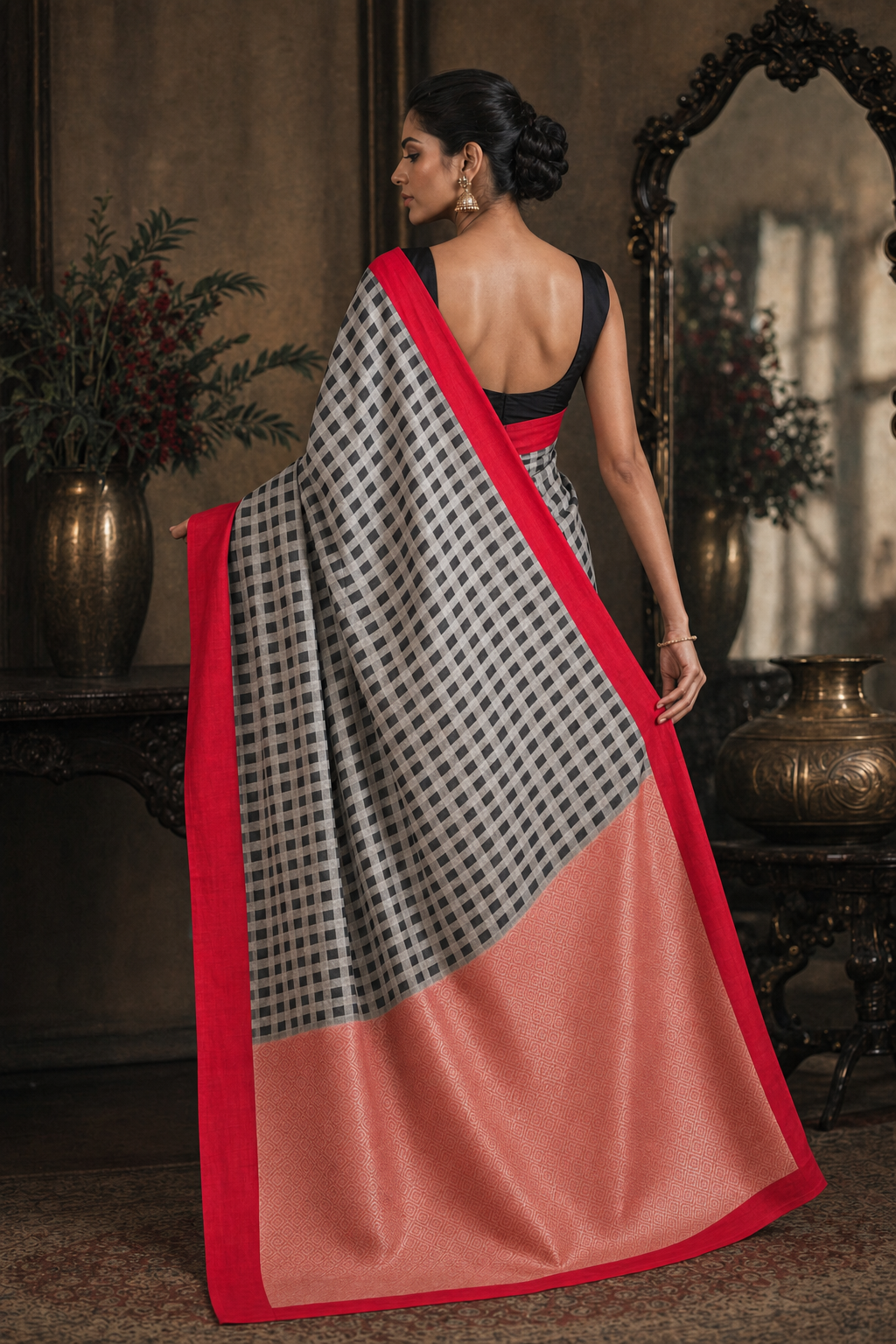 Black and Gold chex Muga Silk - Back View