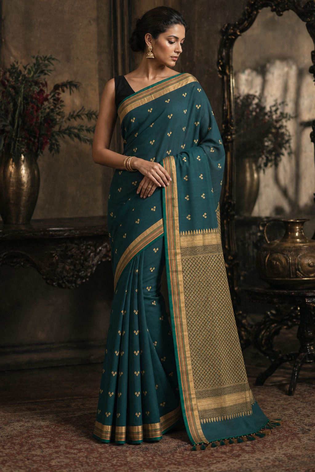 Teal Blue Gold Butti South Silk Saree - Front View