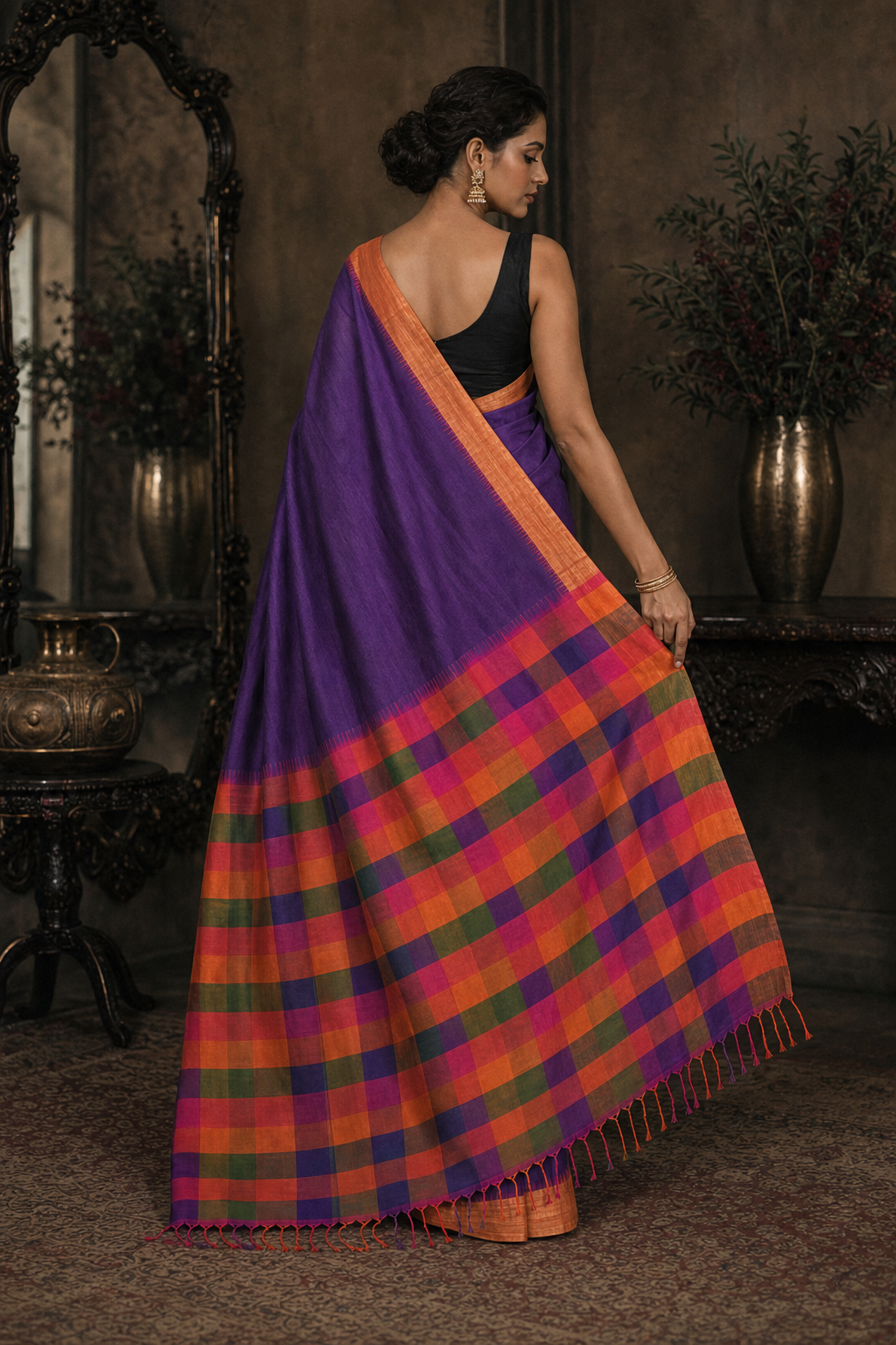 Royal Violet Checks South Silk Saree - Back View
