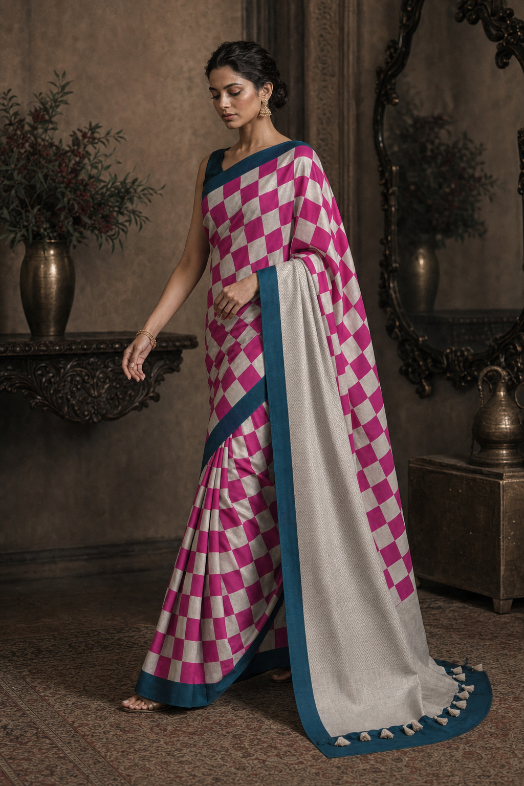 RANI AND ANTIQUE SILVER ZARI CHEX MUGA SILK SAREE - Walk View