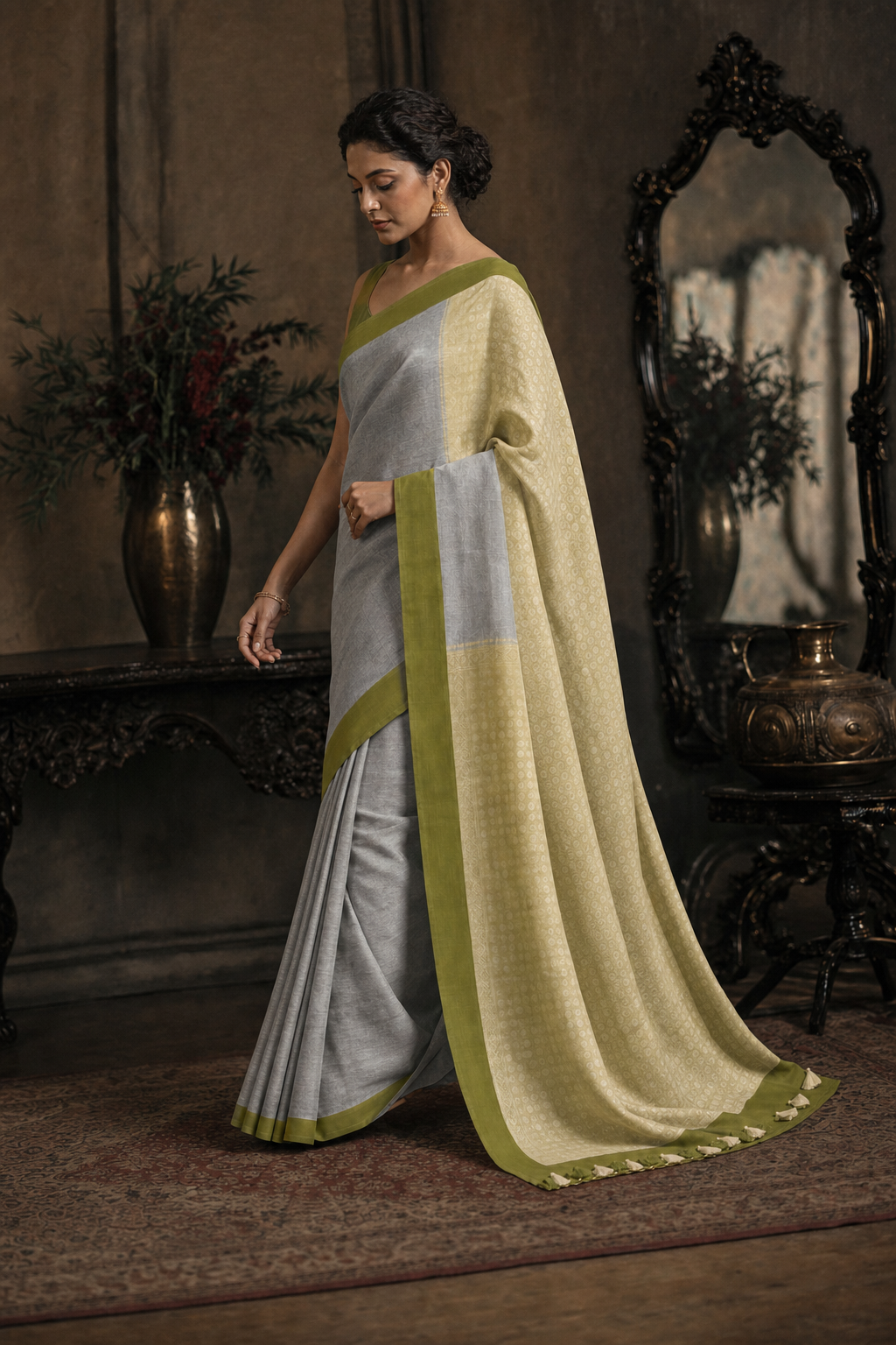 GREY SILVER TINED OLIVE GREEN BORDER MUGA SILK - Walk View