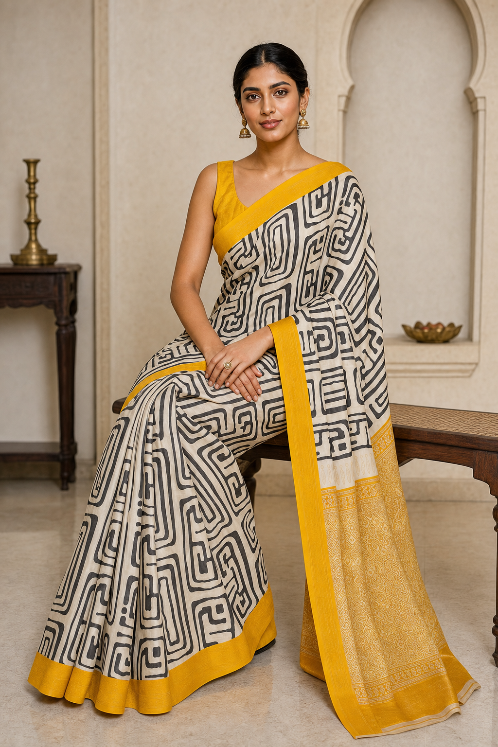 Geometric Ivory Muga Silk - Back View