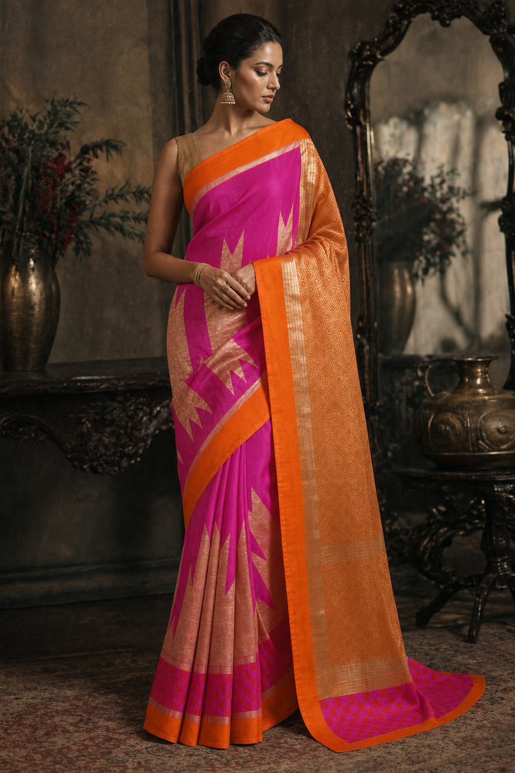 Rani Pink Muga Silk - Front View