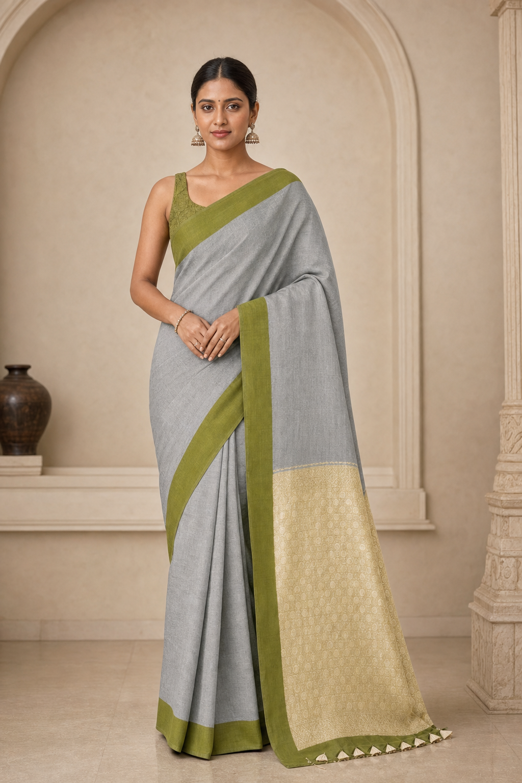 Grey Silver Toned Olive Green Border Muga Silk - Front View