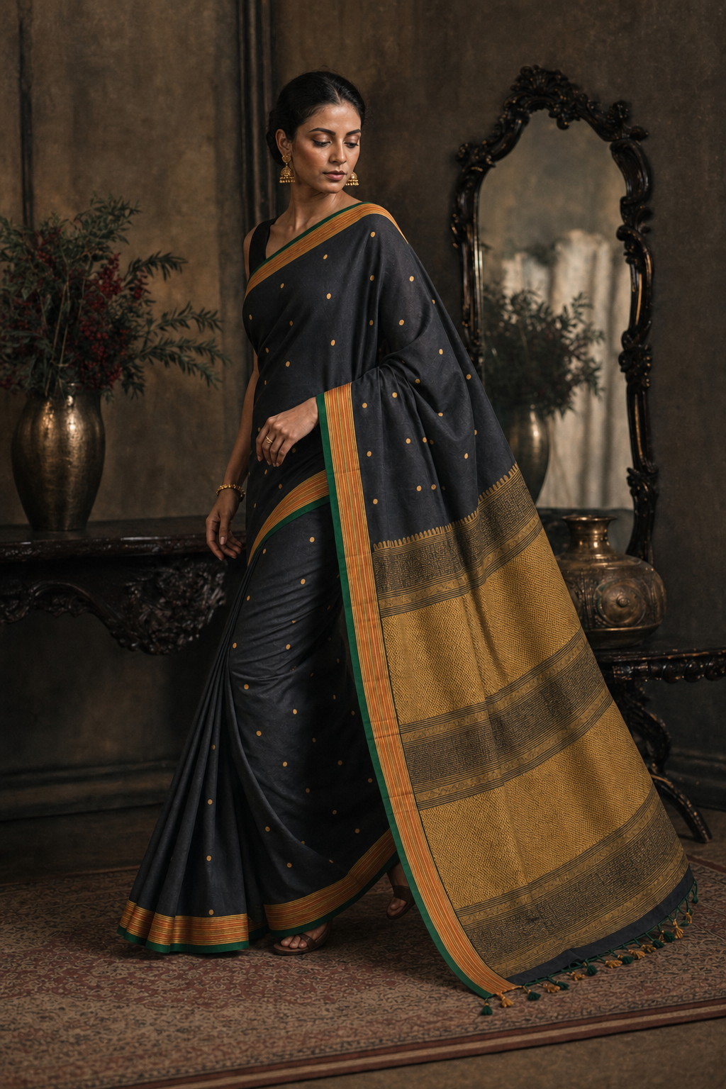Elegant Black Butti South Silk Saree - Walk View