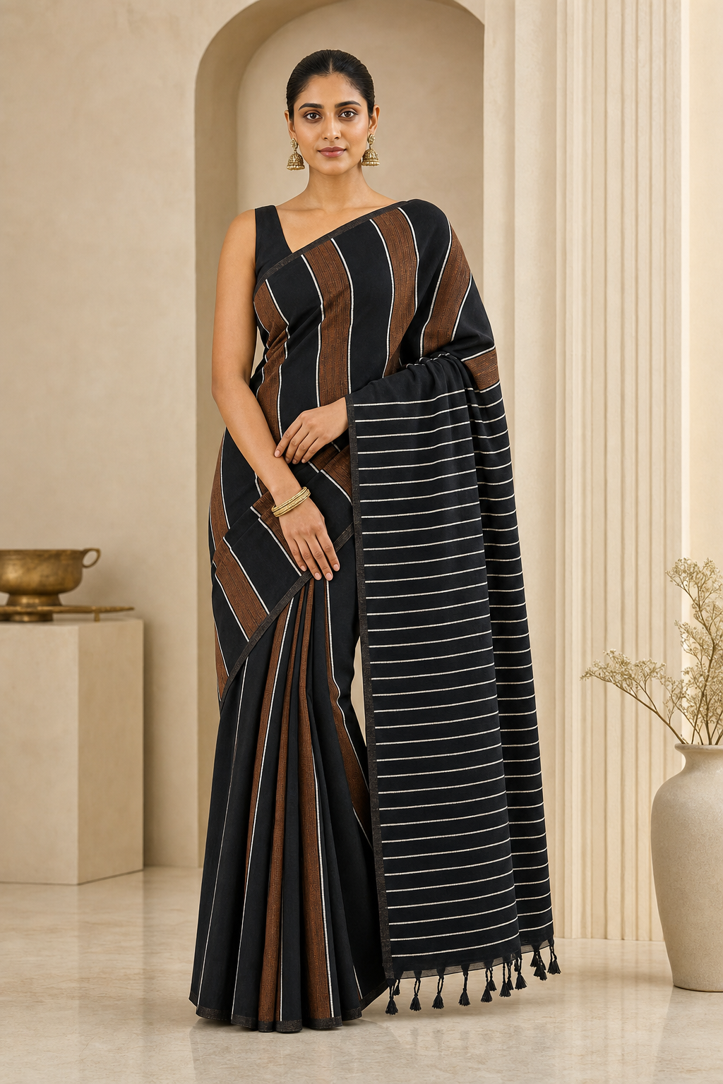 Classic Black Striped Linen Saree - Front View