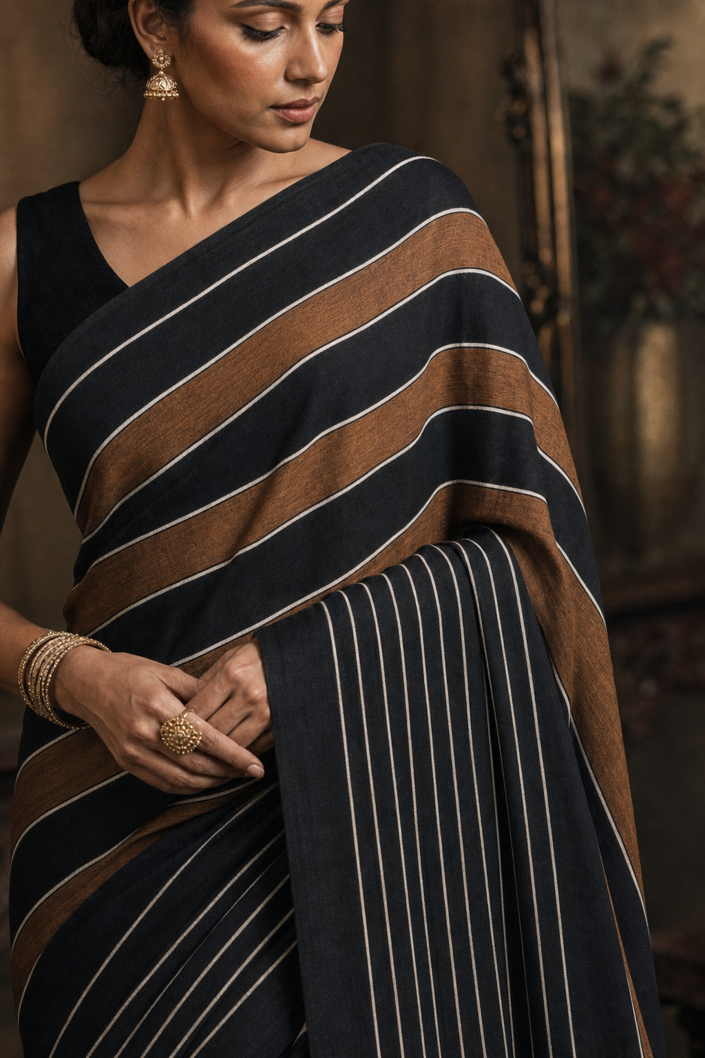 Classic Black Striped Linen Saree - Closeup View
