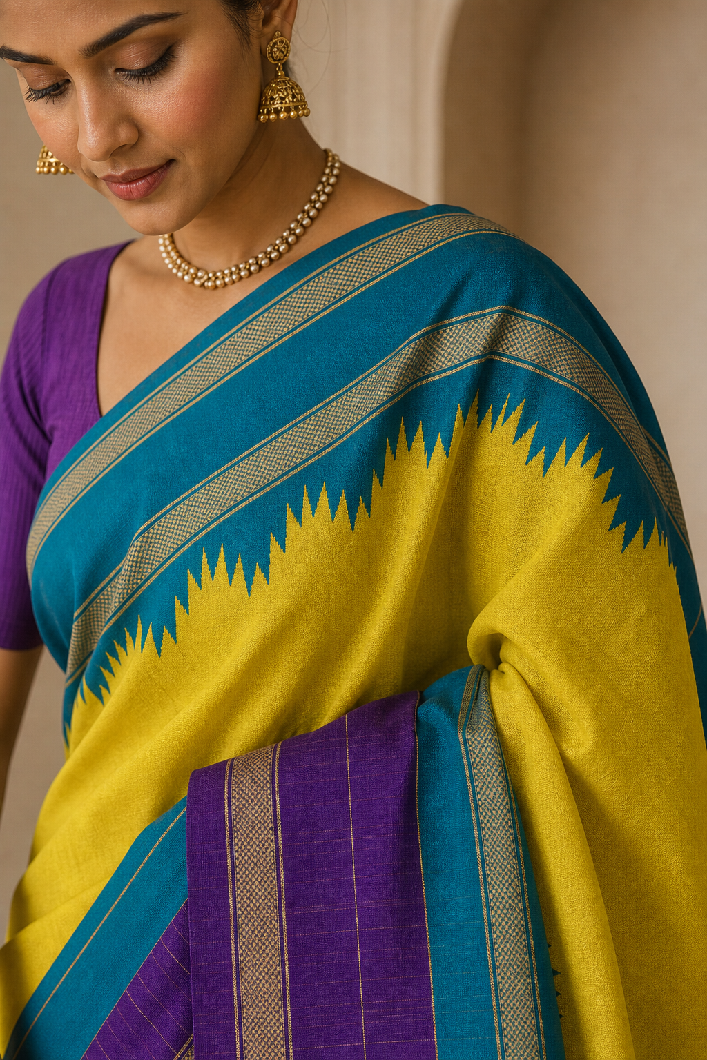 Lime Purple Ikat Patola Saree - Closeup View