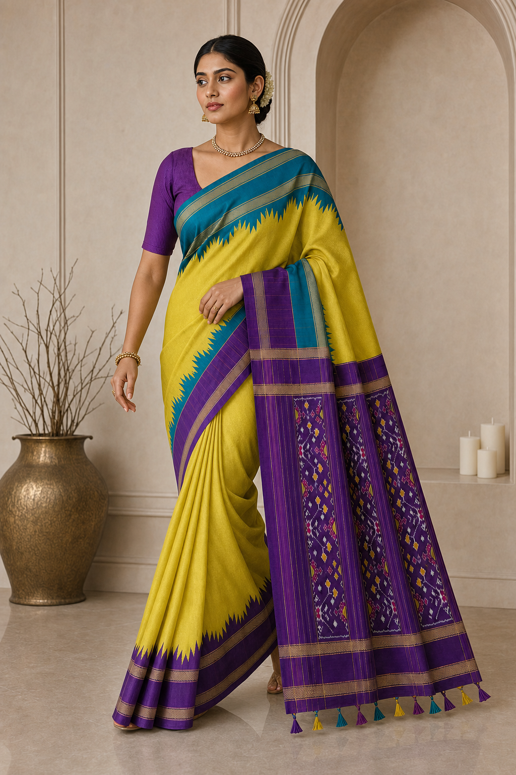 Lime Purple Ikat Patola Saree - Walk View