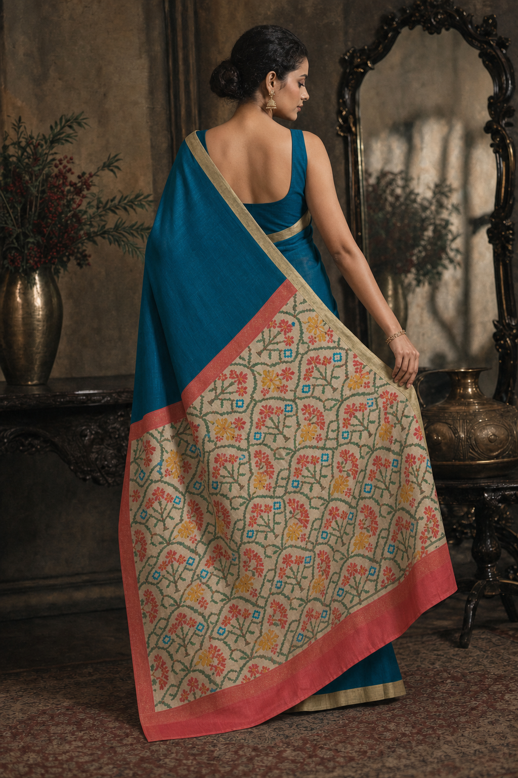 Peacock Blue Pochampally Ikat Silk Saree - Back View