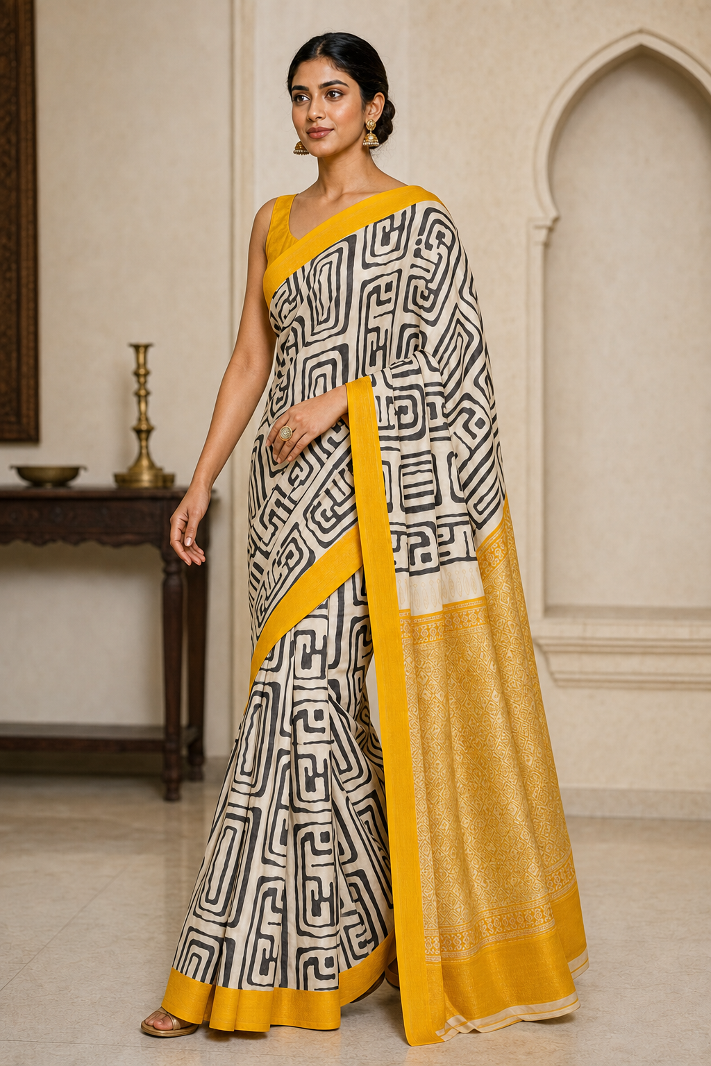 Geometric Ivory Muga Silk - Walk View