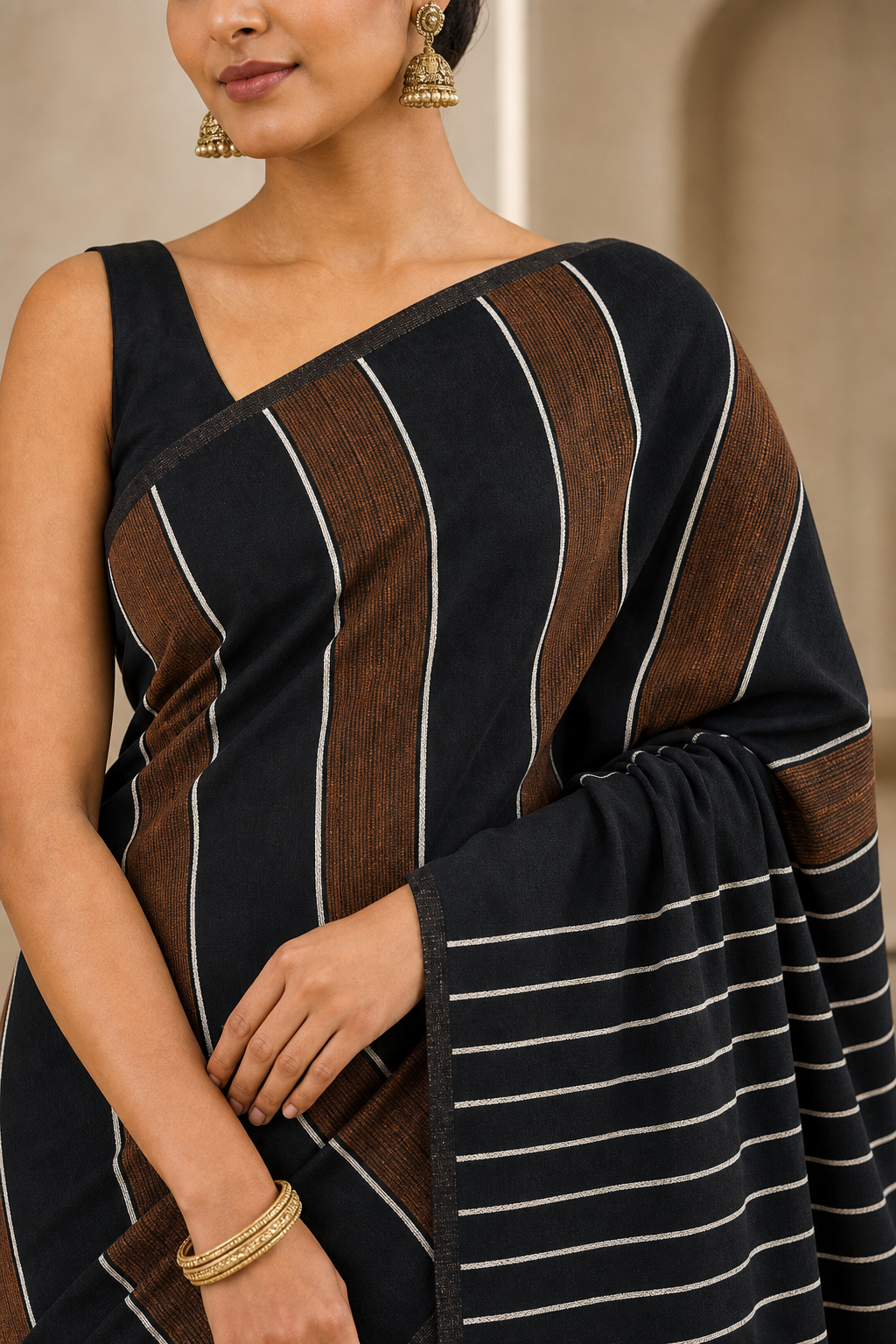 Classic Black Striped Linen Saree - Closeup View