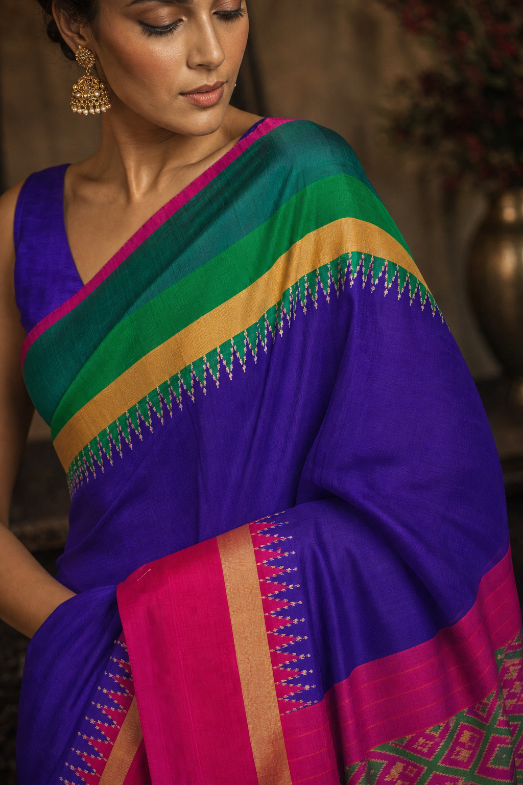 Royal Violet Pink Ikat Patola Saree - Closeup View