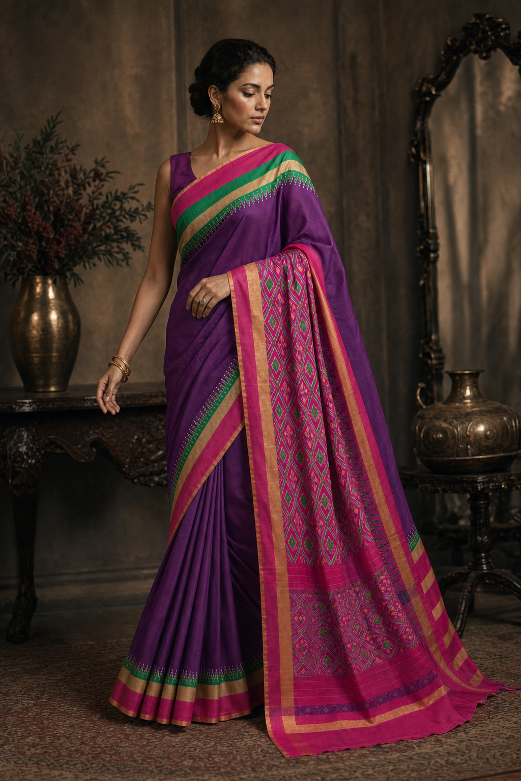 Emerald Violet Ikat Patola Saree - Walk View