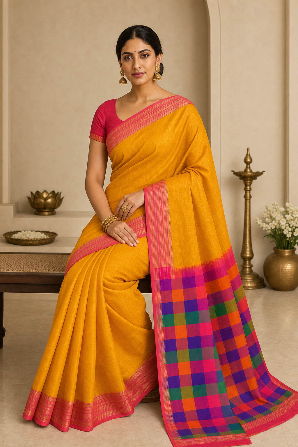 Mustard Checks Pallu Silk Saree - Back View
