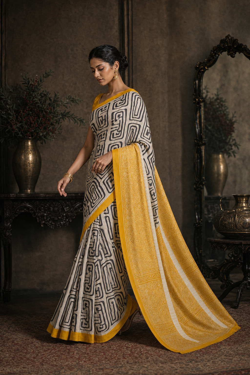 Geometric Ivory Muga Silk - Walk View